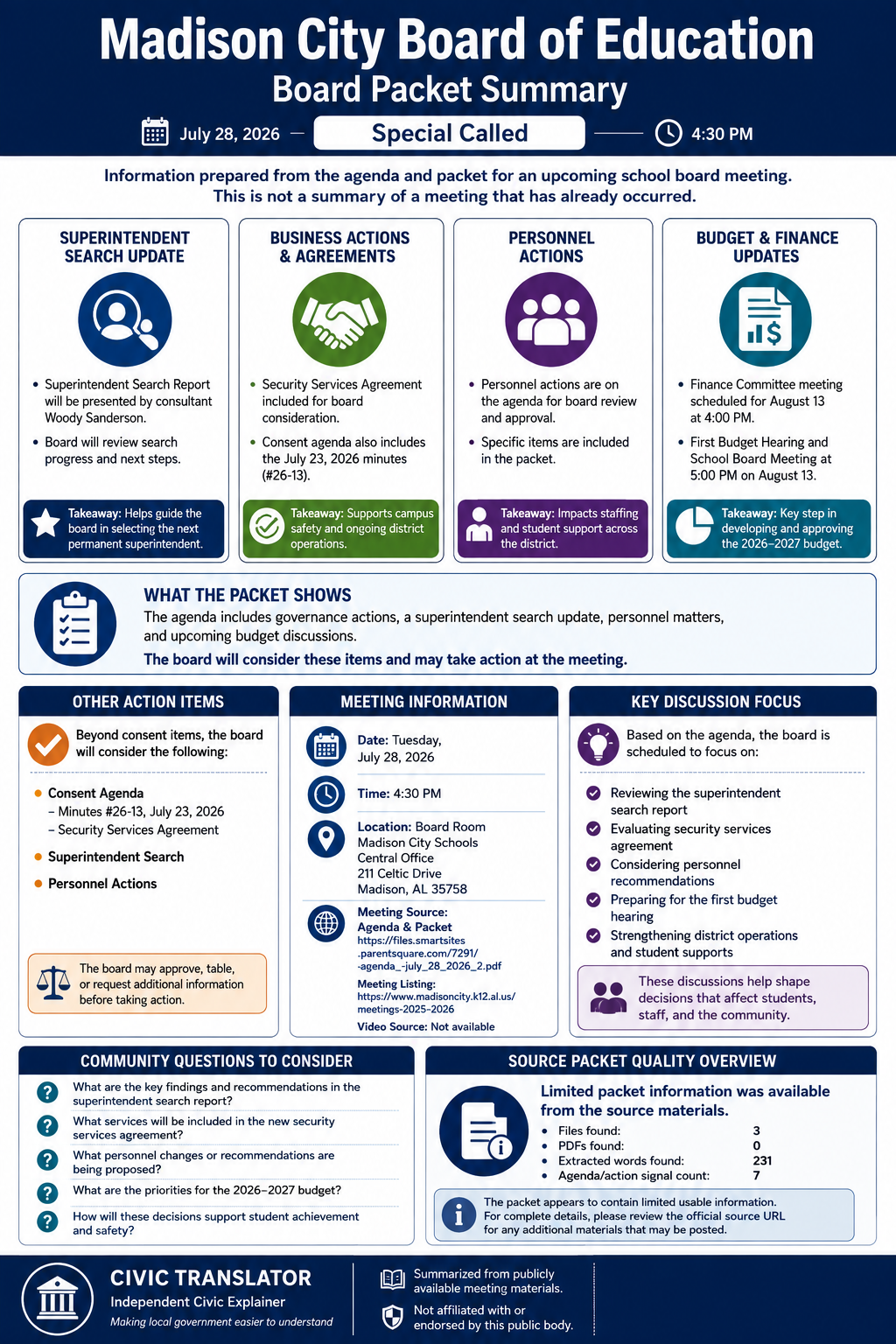 Madison City Board of Education — School Board Meeting Packet Summary — July 28, 2026 infographic