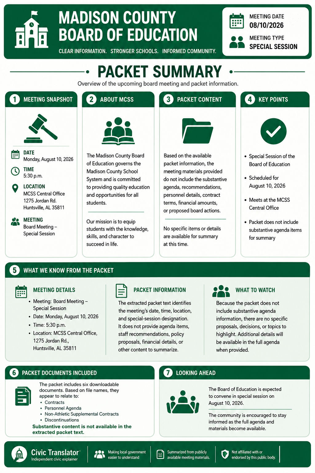 Civic Translator agenda summary infographic for Madison County Board of Education on August 10, 2026