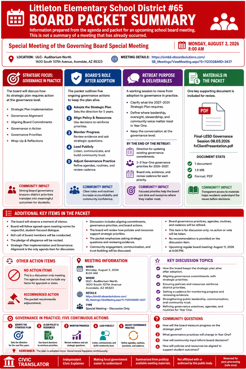 Littleton Elementary School District #65 — School Board Meeting Packet Summary — August 3, 2026 infographic