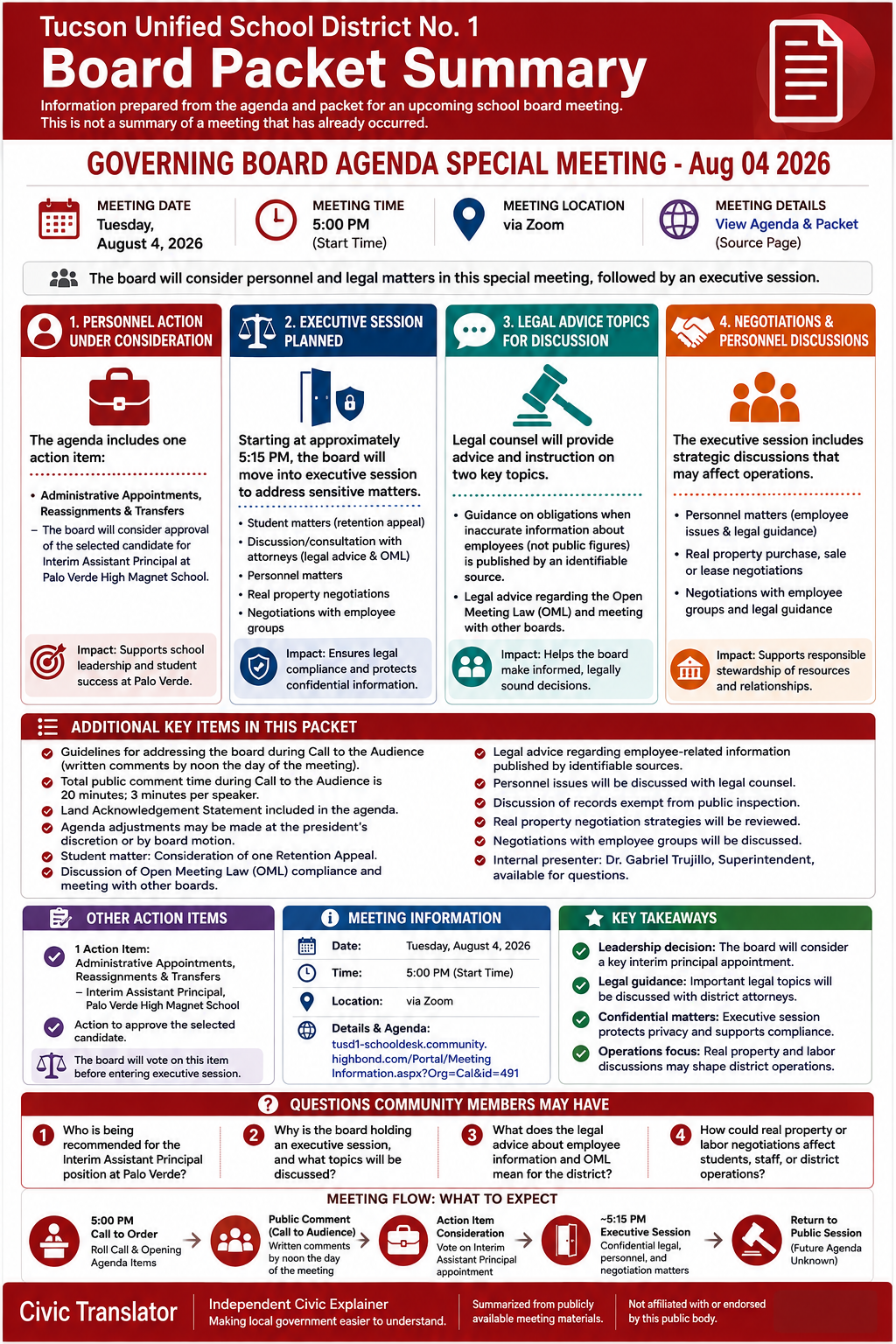 Tucson Unified School District No. 1 — School Board Meeting Packet Summary — August 4, 2026 infographic
