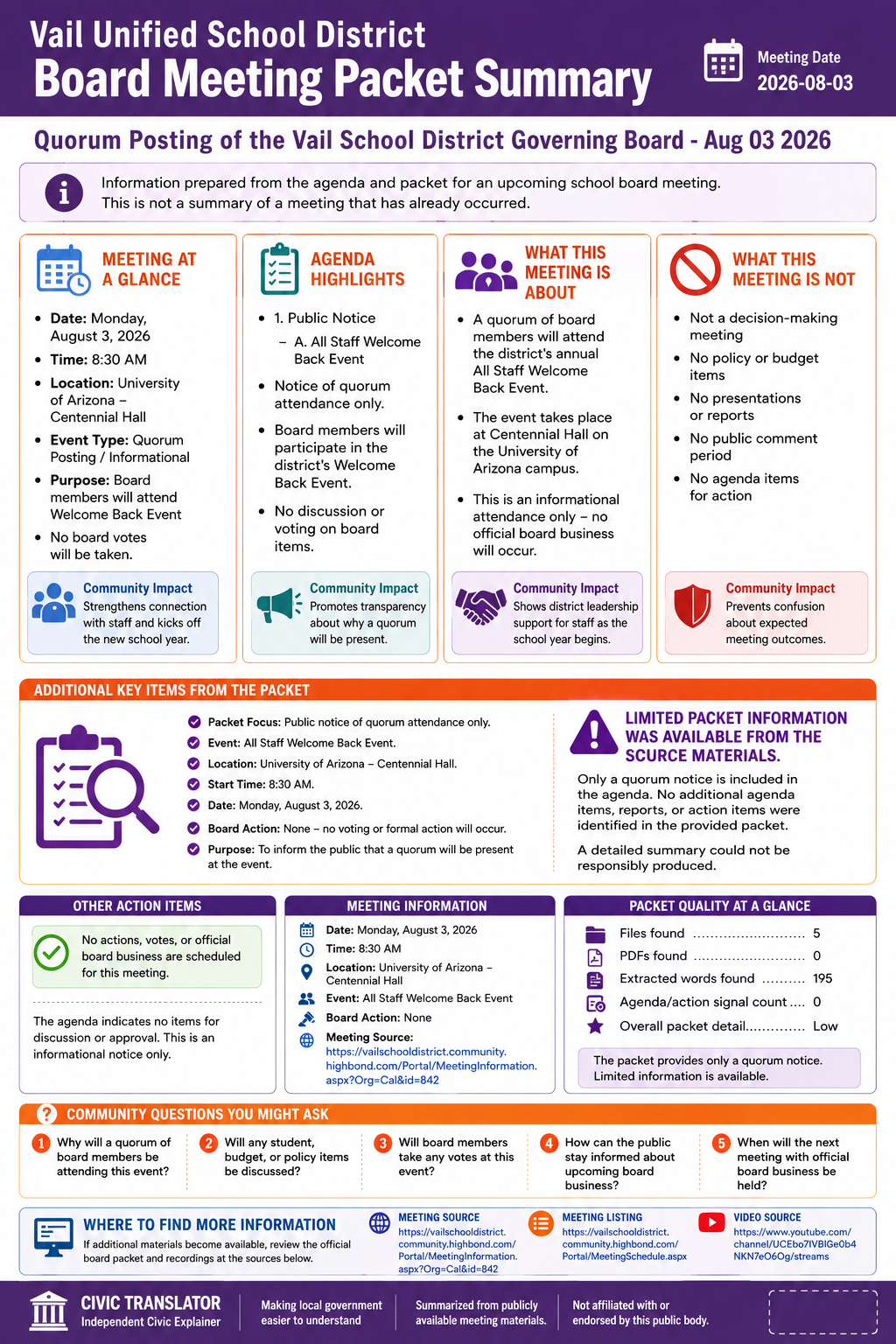 Vail Unified School District — School Board Meeting Packet Summary — August 3, 2026 infographic