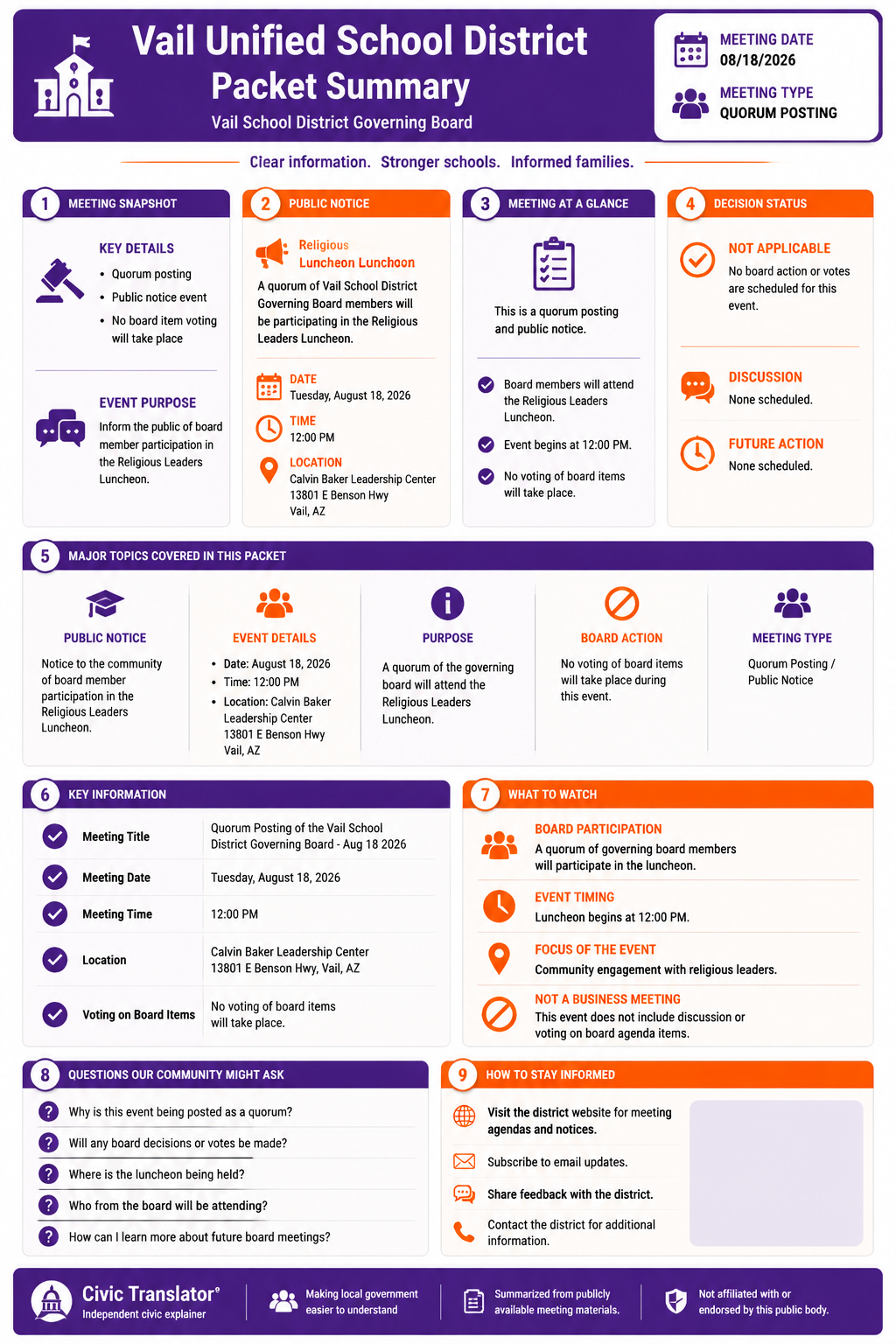 Civic Translator agenda summary infographic for Vail Unified School District on August 18, 2026