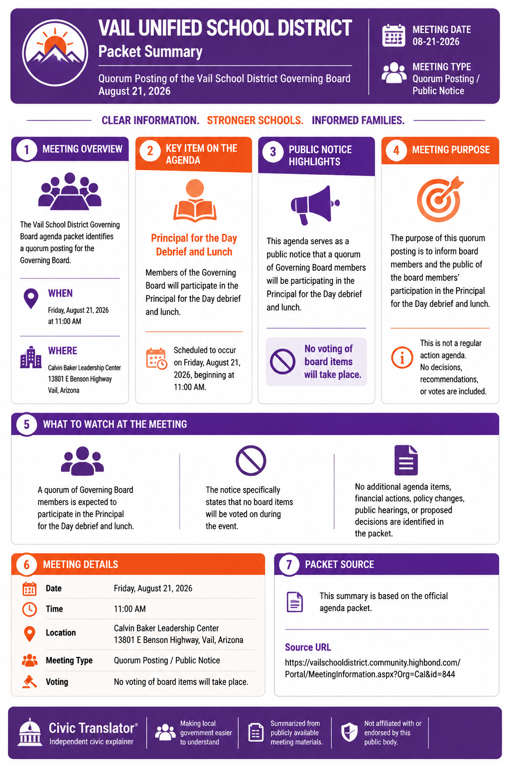 Civic Translator agenda summary infographic for Vail Unified School District on August 21, 2026
