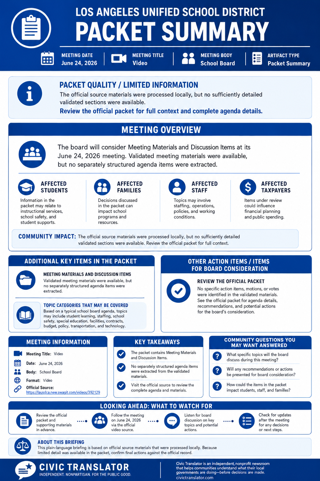 Los Angeles Unified School District — School Board Meeting — Packet Summary — June 24, 2026 infographic
