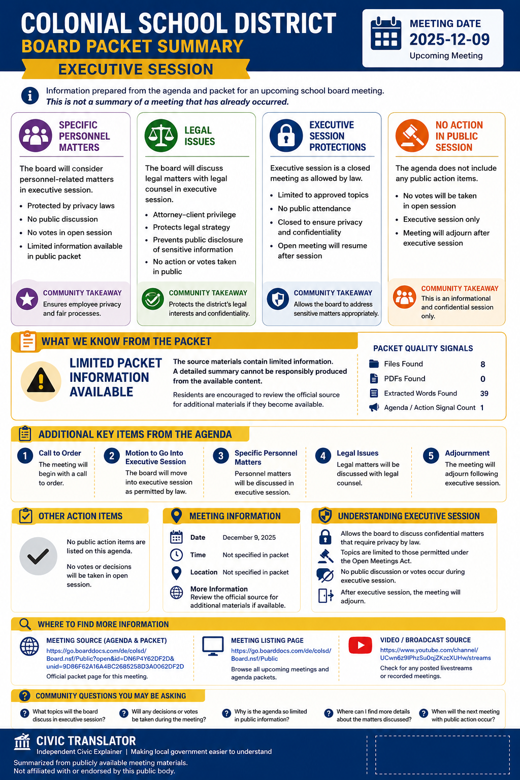 Colonial School District — School Board Meeting Packet Summary — December 9, 2025 infographic