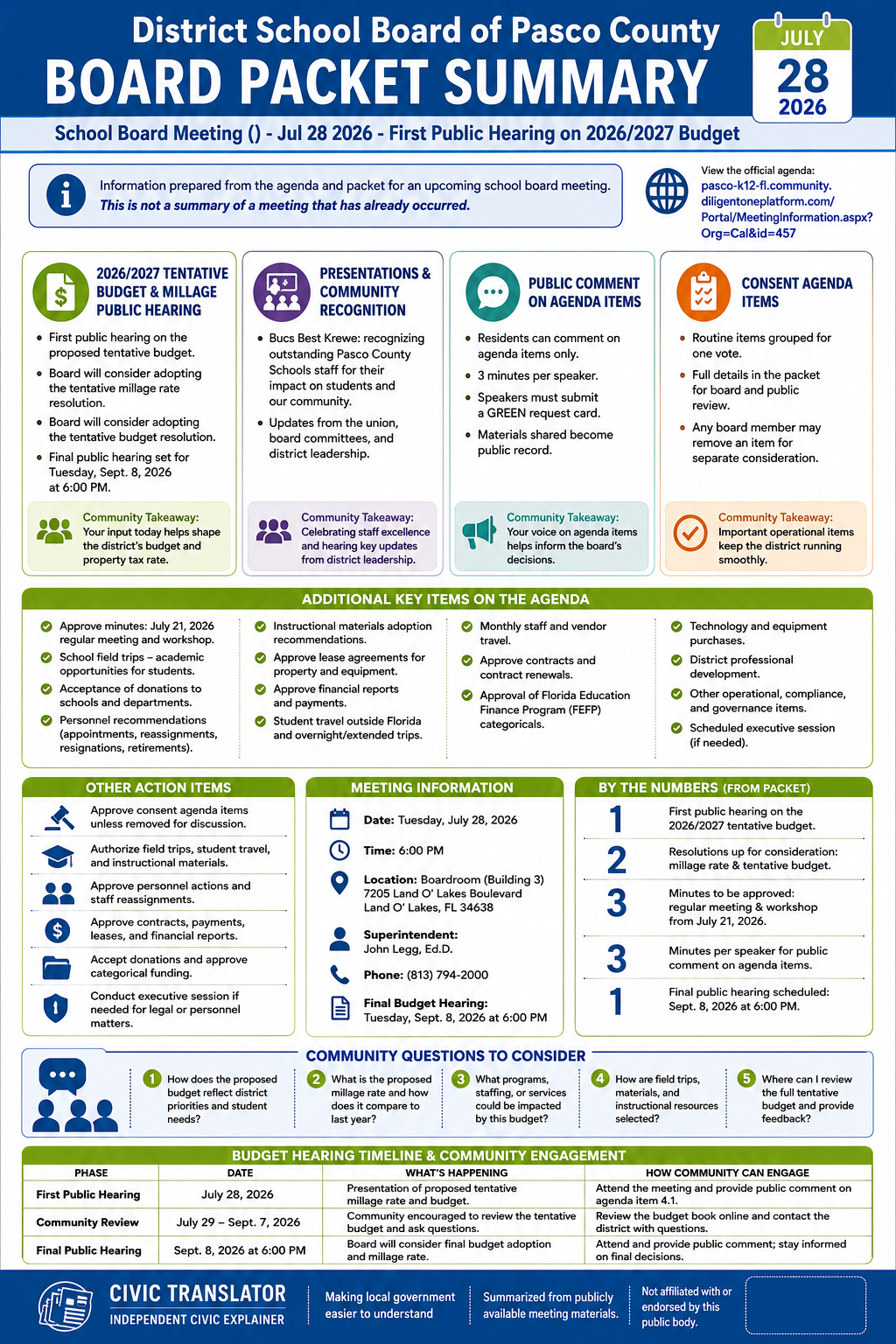 District School Board of Pasco County — School Board Meeting Packet Summary — July 28, 2026 infographic