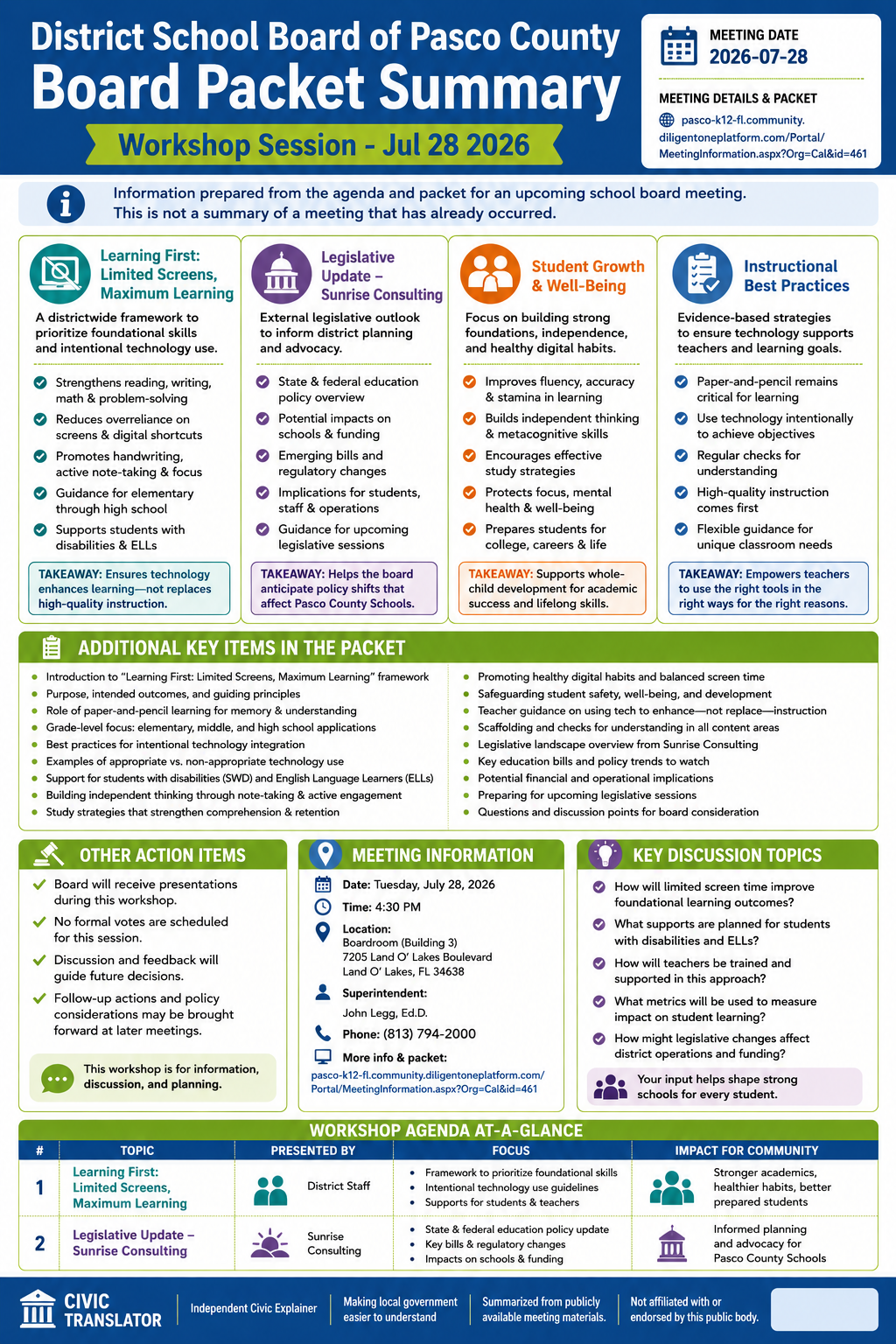 District School Board of Pasco County — School Board Meeting Packet Summary — July 28, 2026 infographic
