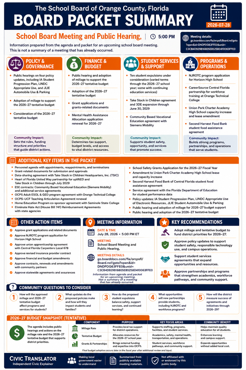 The School Board of Orange County, Florida — School Board Meeting Packet Summary — July 28, 2026 infographic