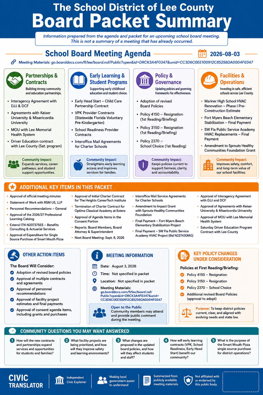 The School District of Lee County — School Board Meeting Packet Summary — August 3, 2026 infographic