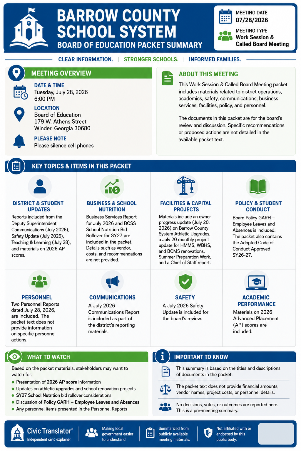 Civic Translator agenda summary infographic for Barrow County School System on July 28, 2026