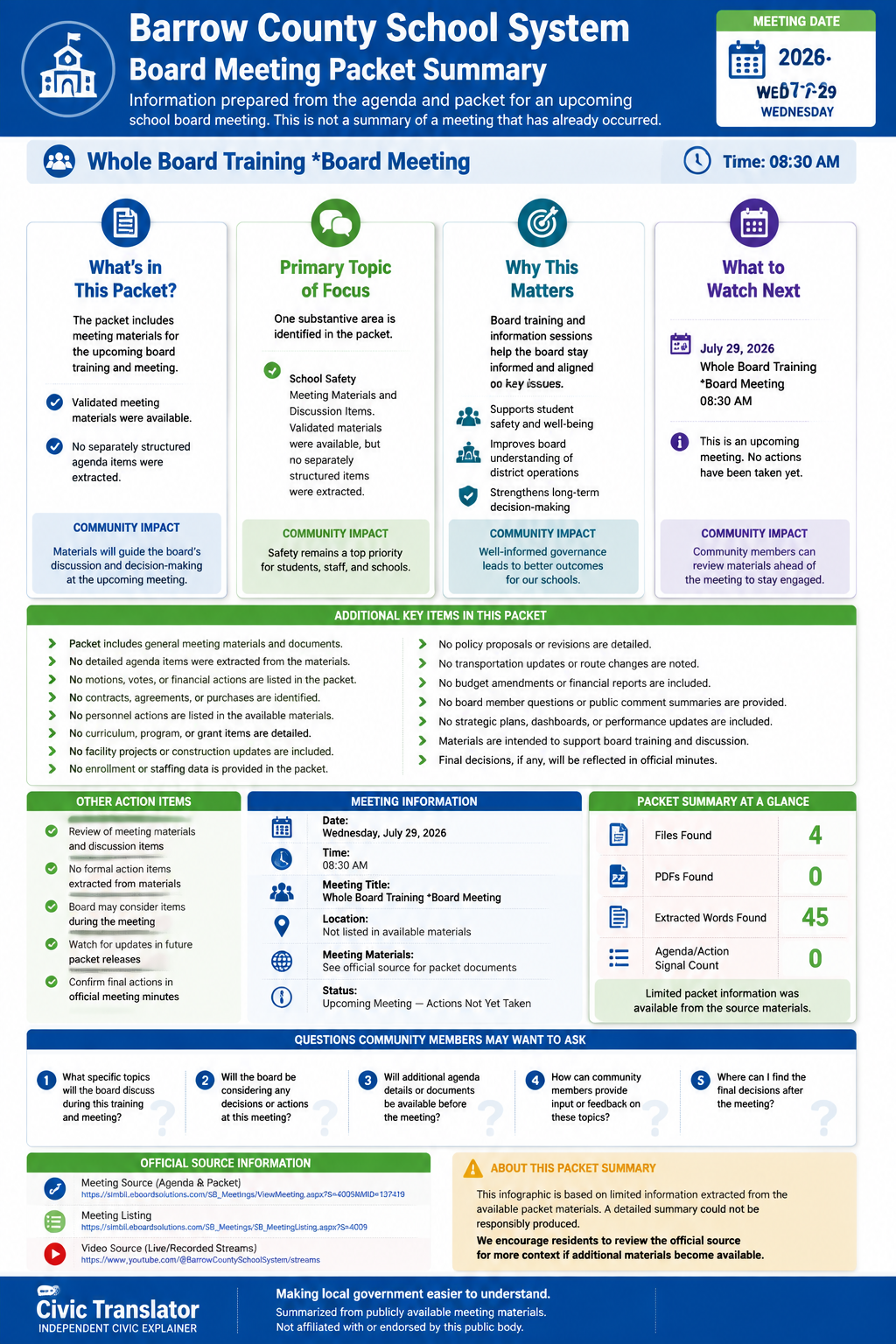 Barrow County School System — School Board Meeting — Packet Summary — July 29, 2026 infographic