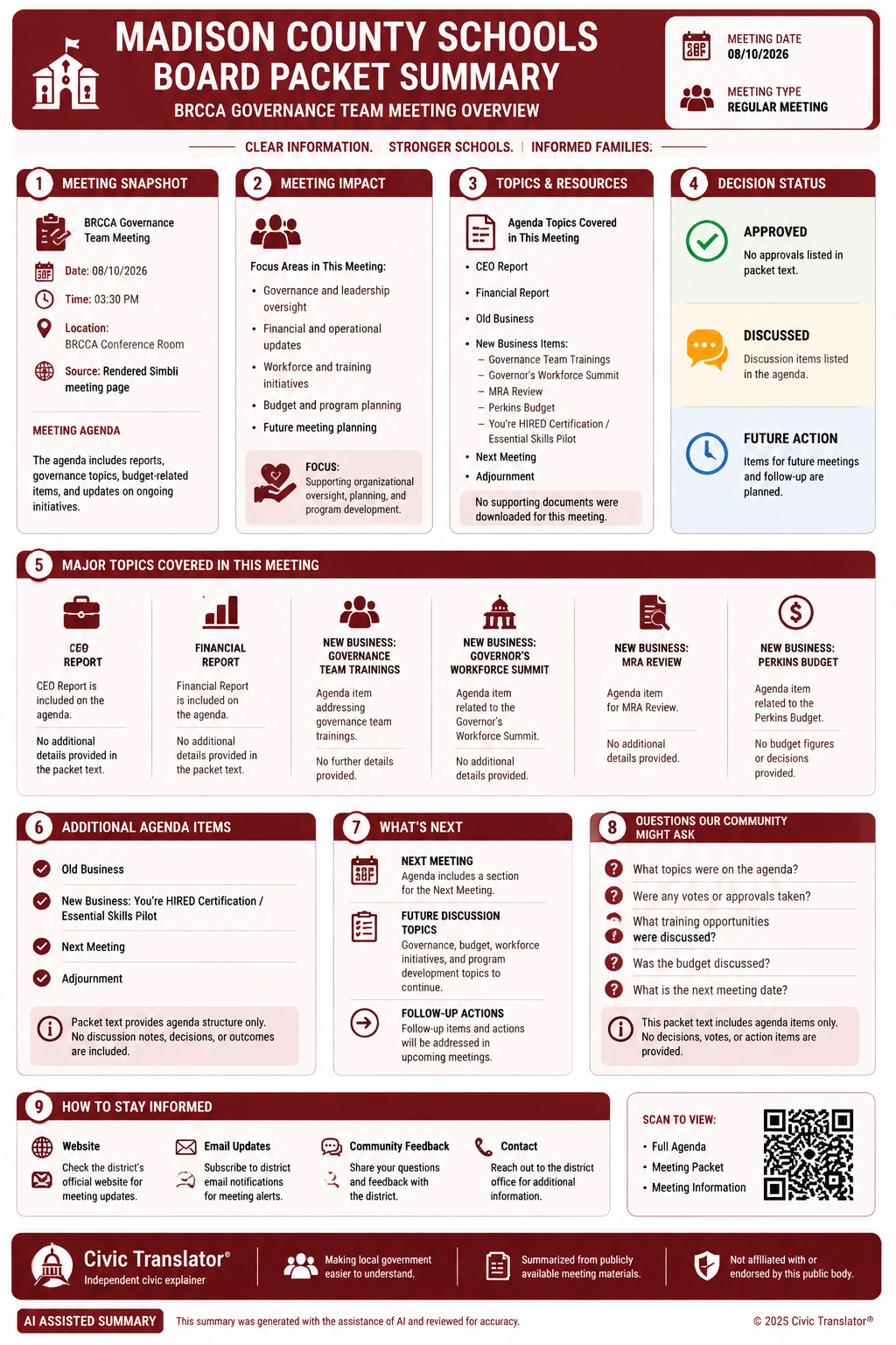 Civic Translator agenda summary infographic for Madison County Schools on August 10, 2026