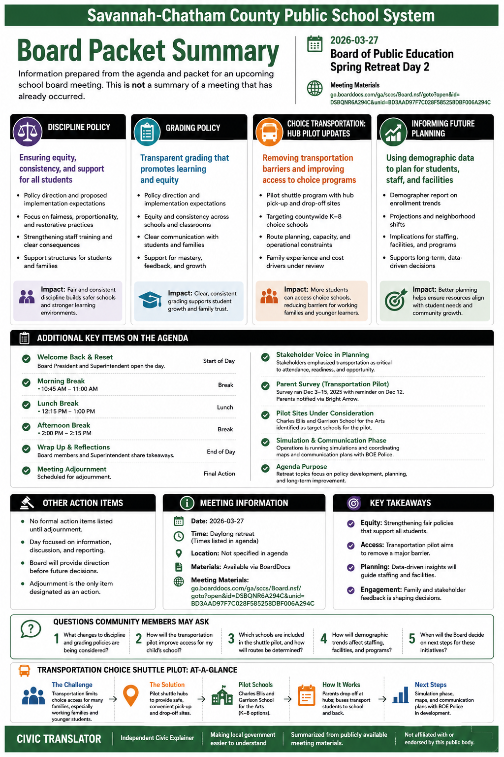 Savannah-Chatham County Public School System — School Board Meeting Packet Summary — March 27, 2026 infographic