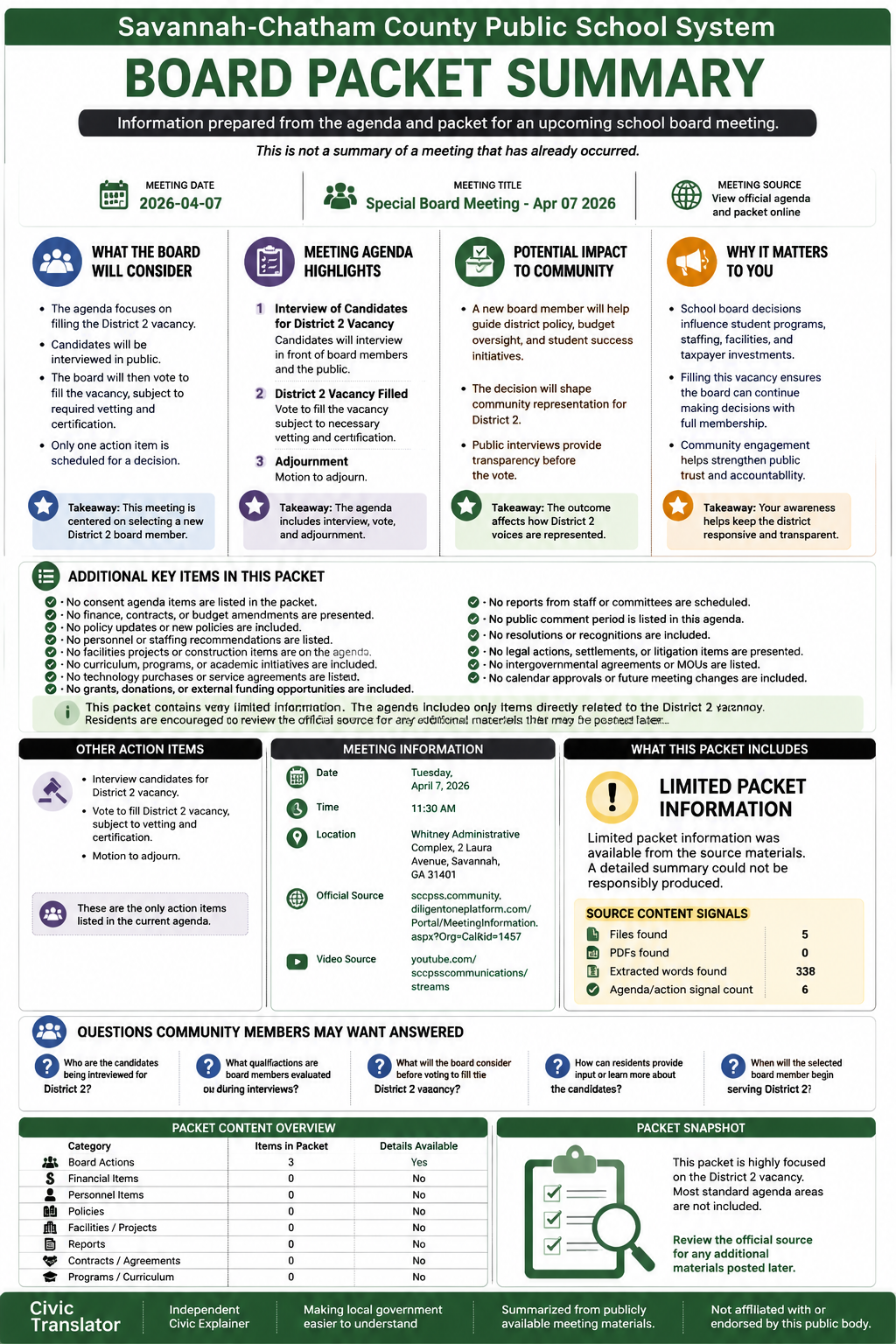 Savannah-Chatham County Public School System — School Board Meeting Packet Summary — April 7, 2026 infographic