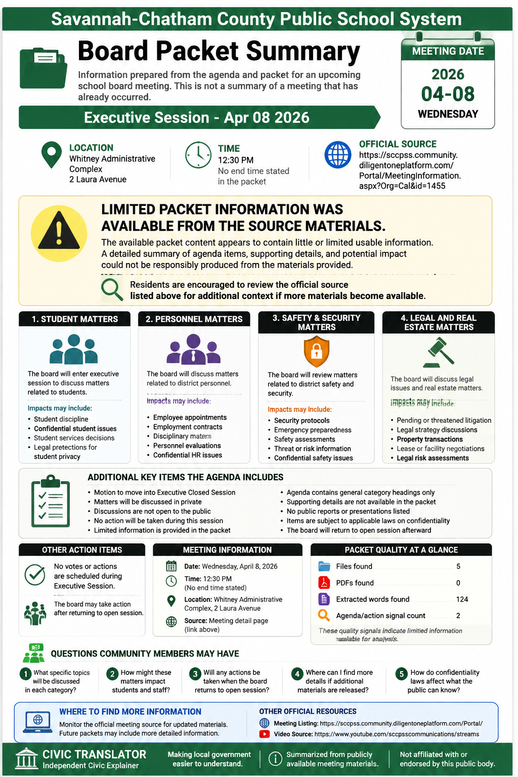 Savannah-Chatham County Public School System — School Board Meeting Packet Summary — April 8, 2026 infographic