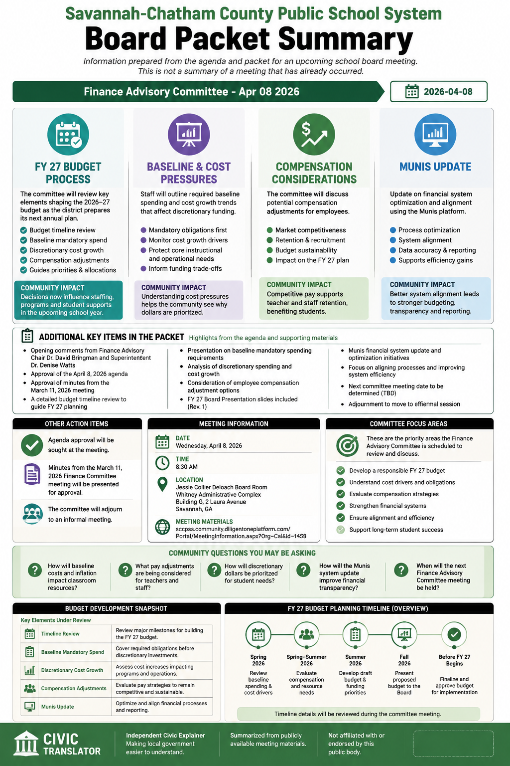 Savannah-Chatham County Public School System — School Board Meeting Packet Summary — April 8, 2026 infographic