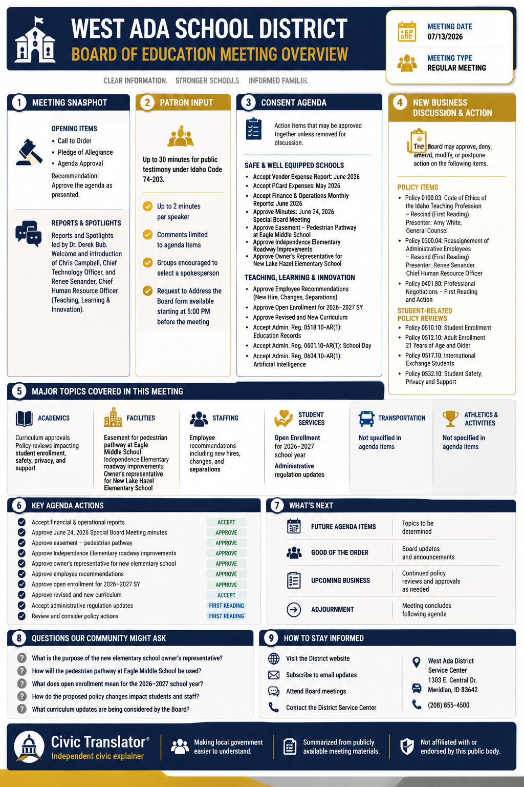 West Ada School District — School Board Meeting Packet Summary — July 13, 2026 infographic