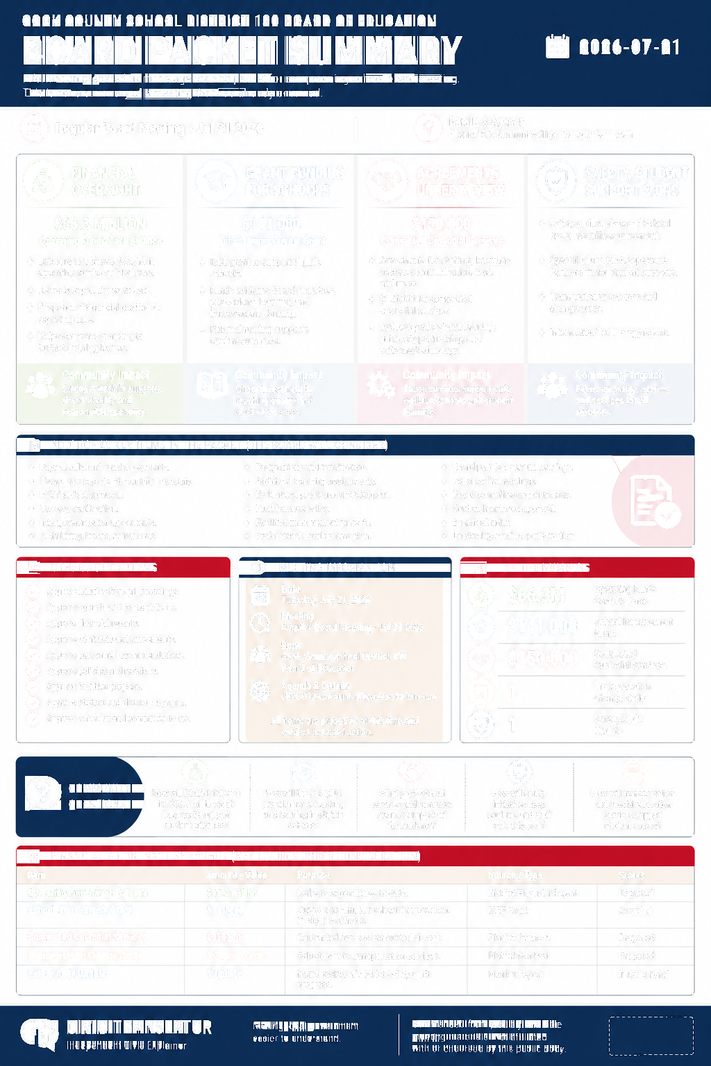 Cook County School District 130 Board of Education — School Board Meeting — Packet Summary — July 21, 2026 infographic