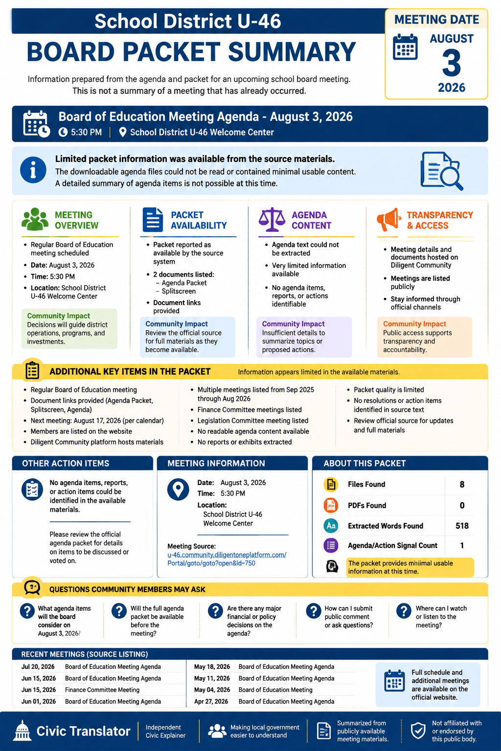 School District U-46 — School Board Meeting — Packet Summary — August 3, 2026 infographic