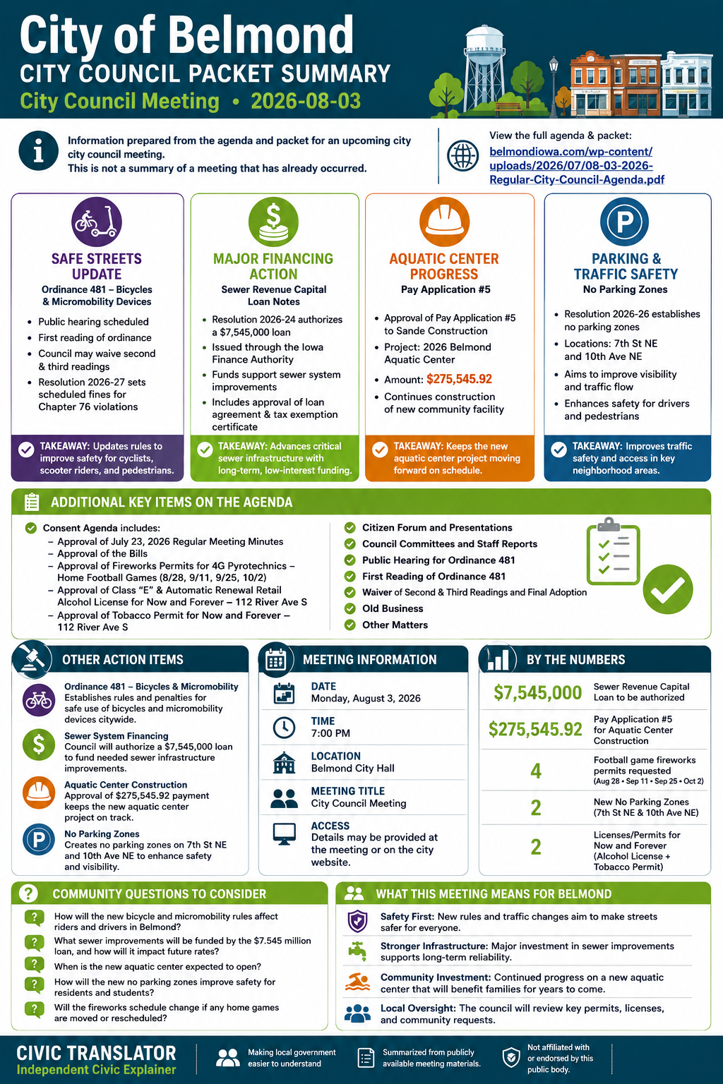 City of Belmond — City Council Meeting Packet Summary — August 3, 2026 infographic