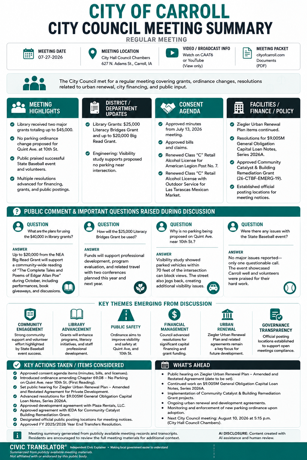 City of Carroll — City Council Meeting Summary — July 27, 2026 infographic