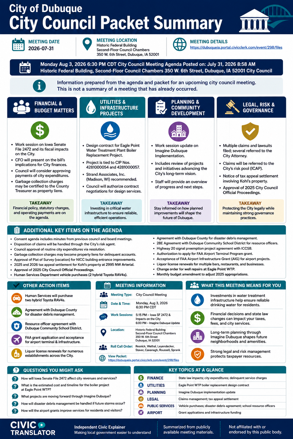 City of Dubuque — City Council Meeting Packet Summary — July 31, 2026 infographic