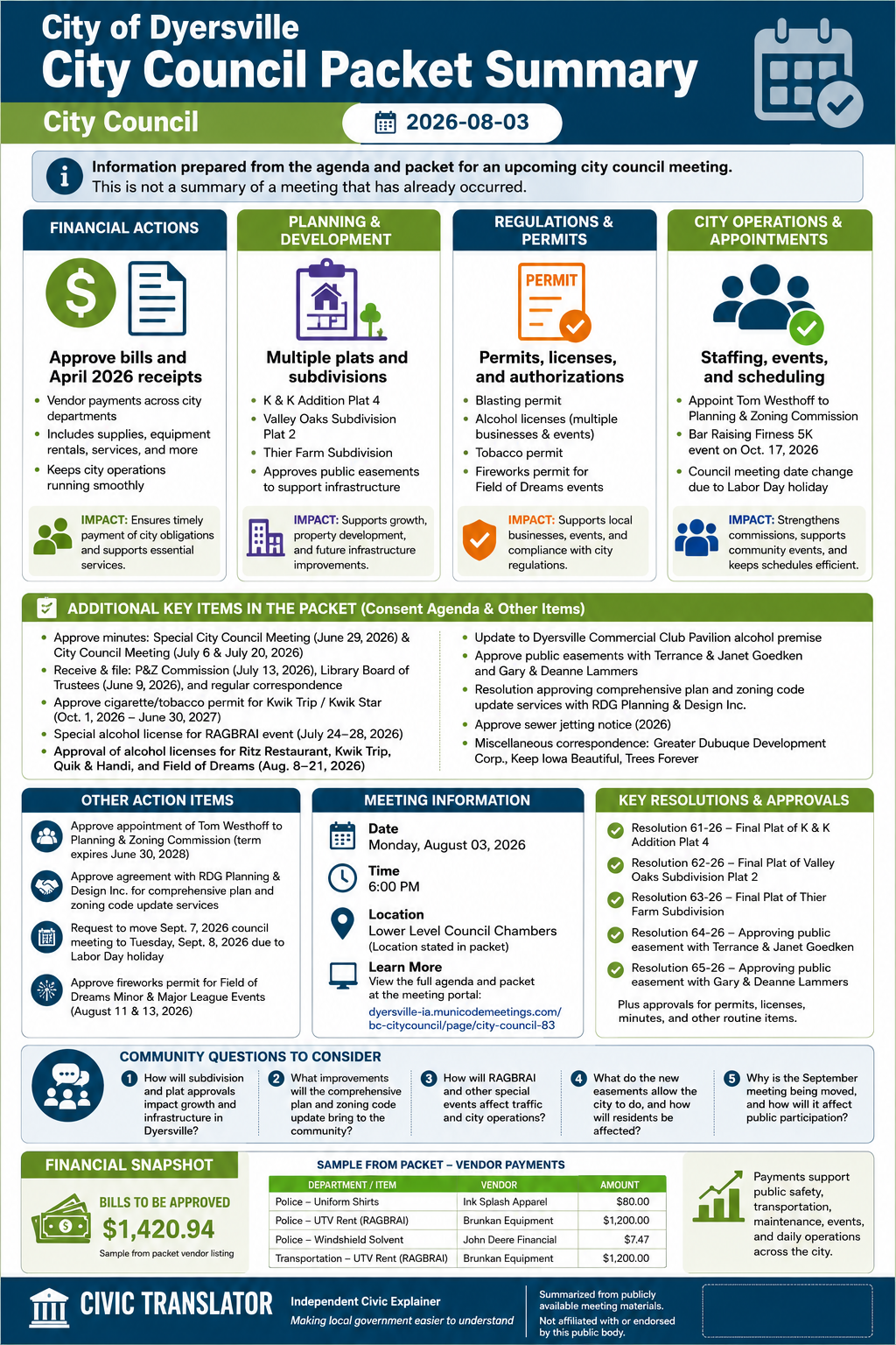 City of Dyersville — City Council Meeting Packet Summary — August 3, 2026 infographic