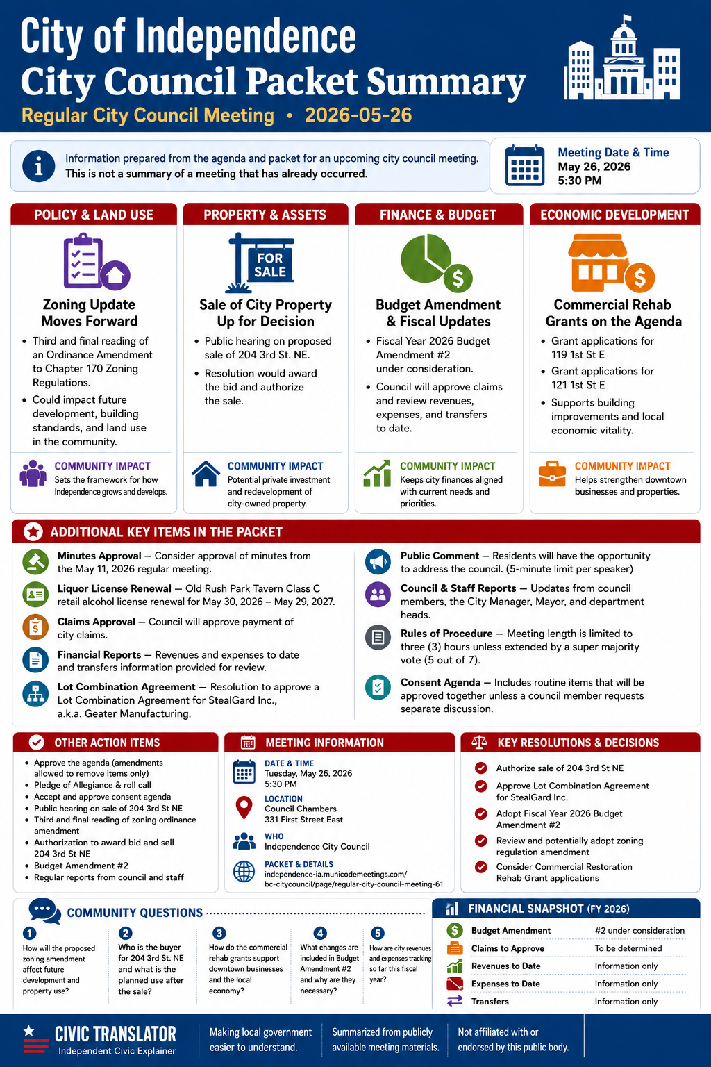 City of Independence — City Council Meeting Packet Summary — May 26, 2026 infographic