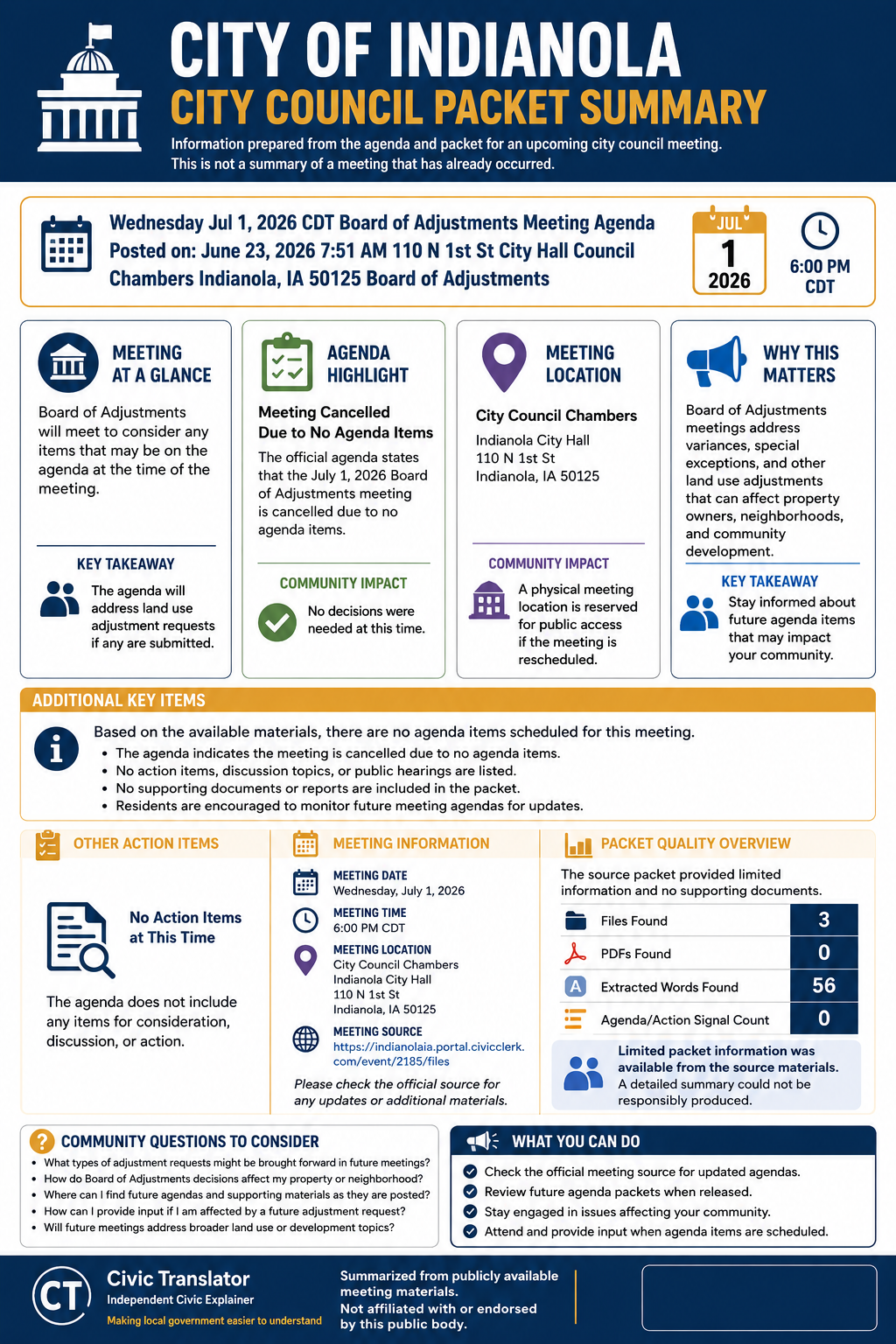 City of Indianola — City Council Meeting Packet Summary — July 1, 2026 infographic
