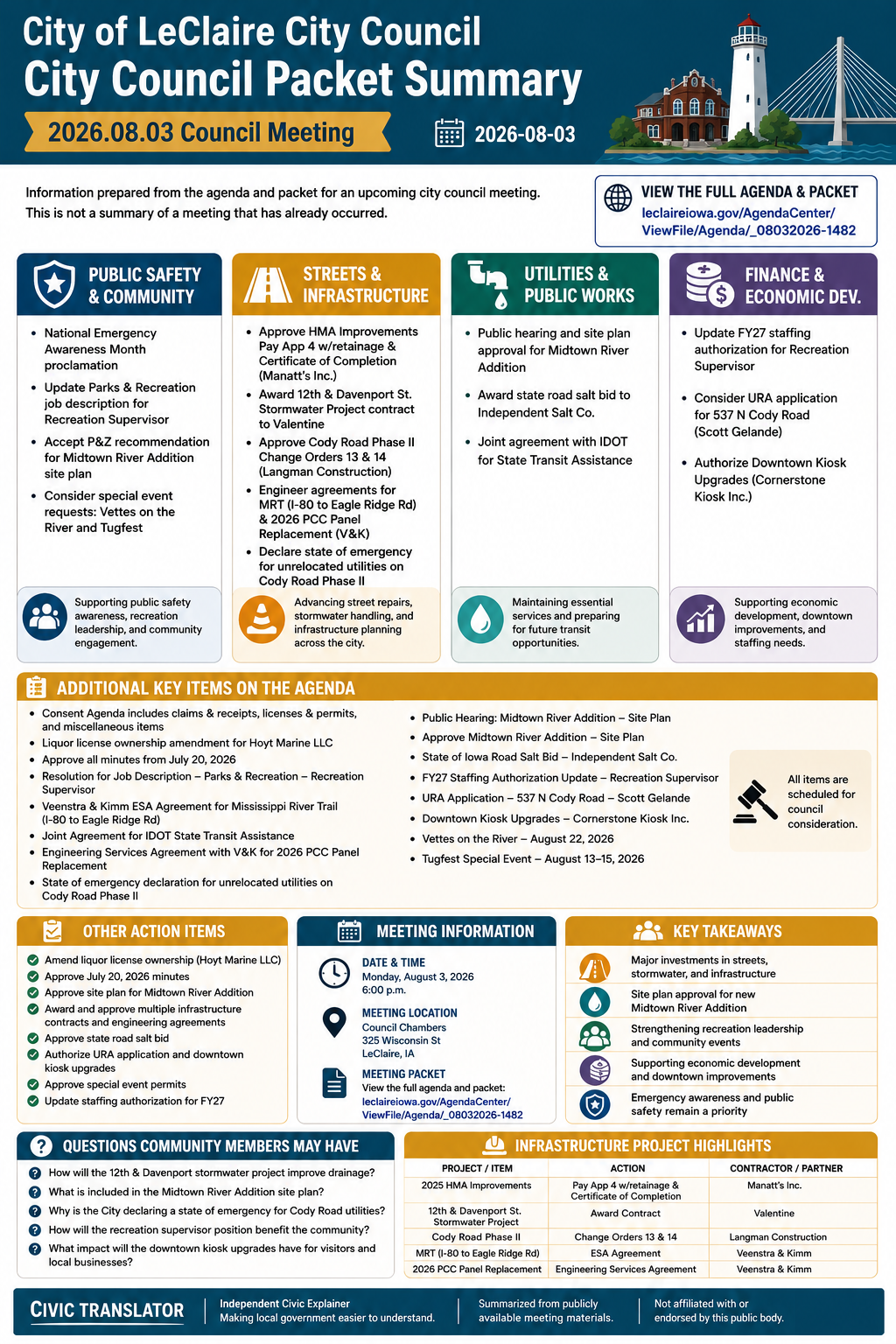 City of LeClaire City Council — City Council Meeting Packet Summary — August 3, 2026 infographic