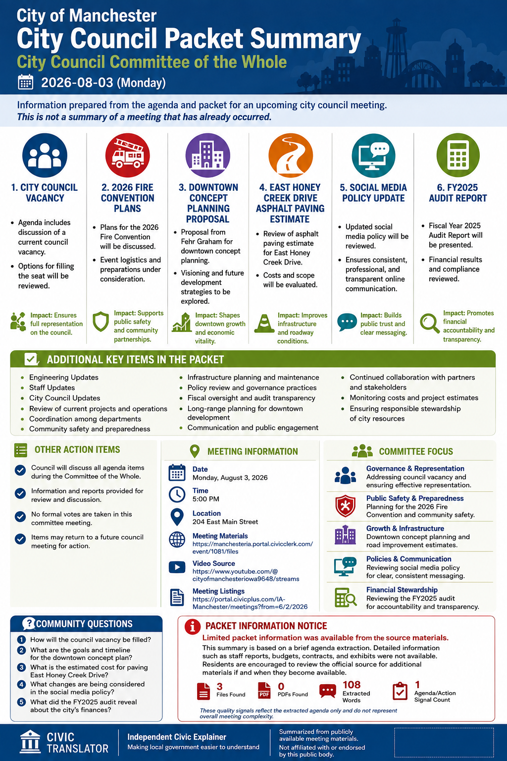 City of Manchester — City Council Meeting Packet Summary — August 3, 2026 infographic