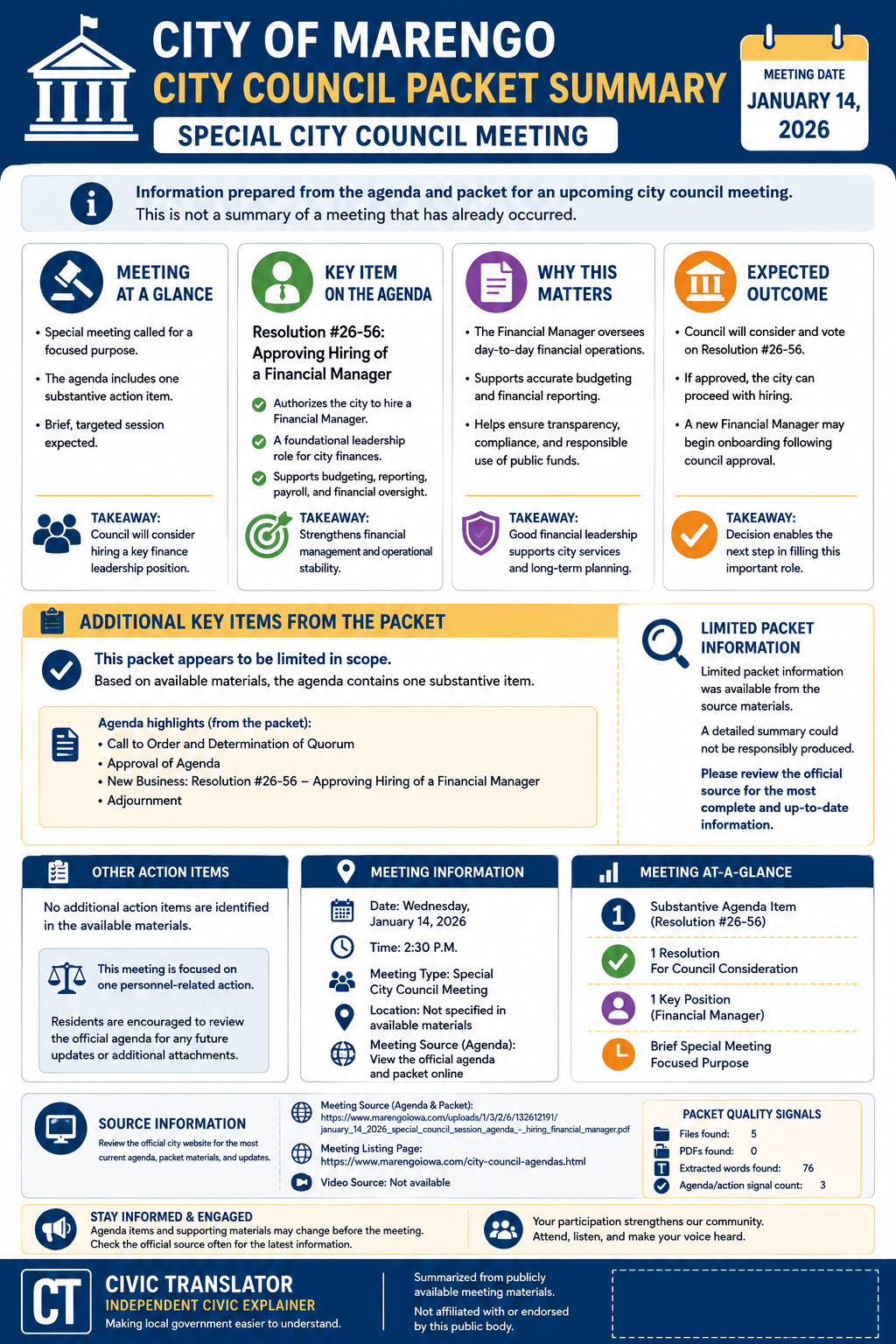 City of Marengo — City Council Meeting Packet Summary — January 14, 2026 infographic