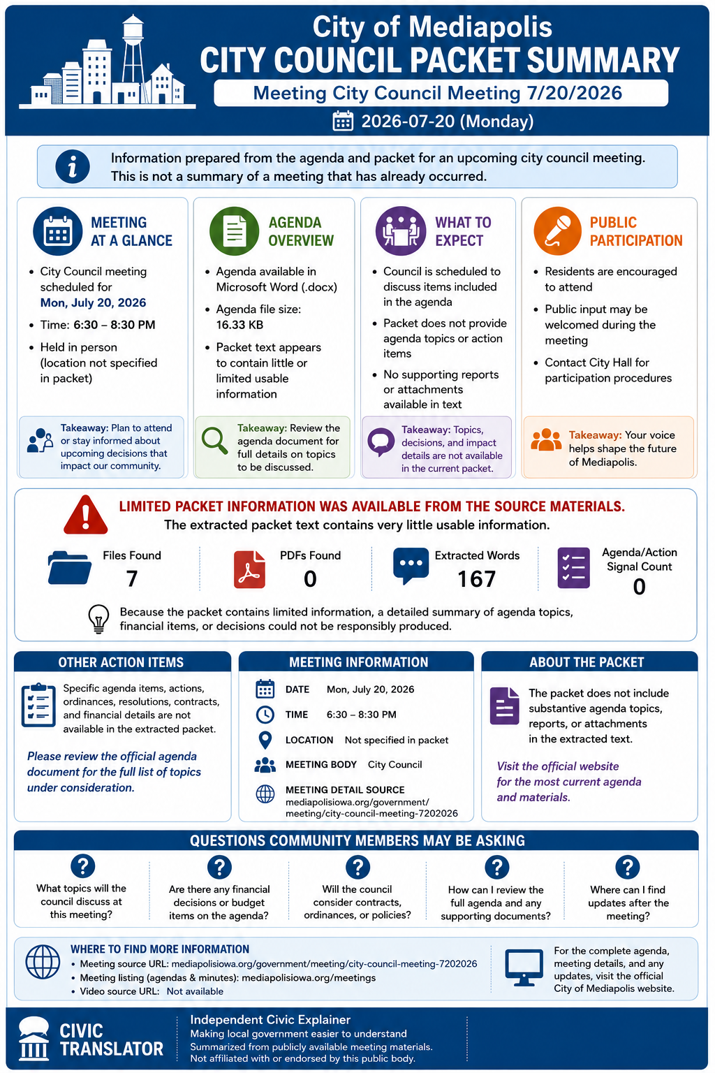 City of Mediapolis — City Council Meeting Packet Summary — July 20, 2026 infographic