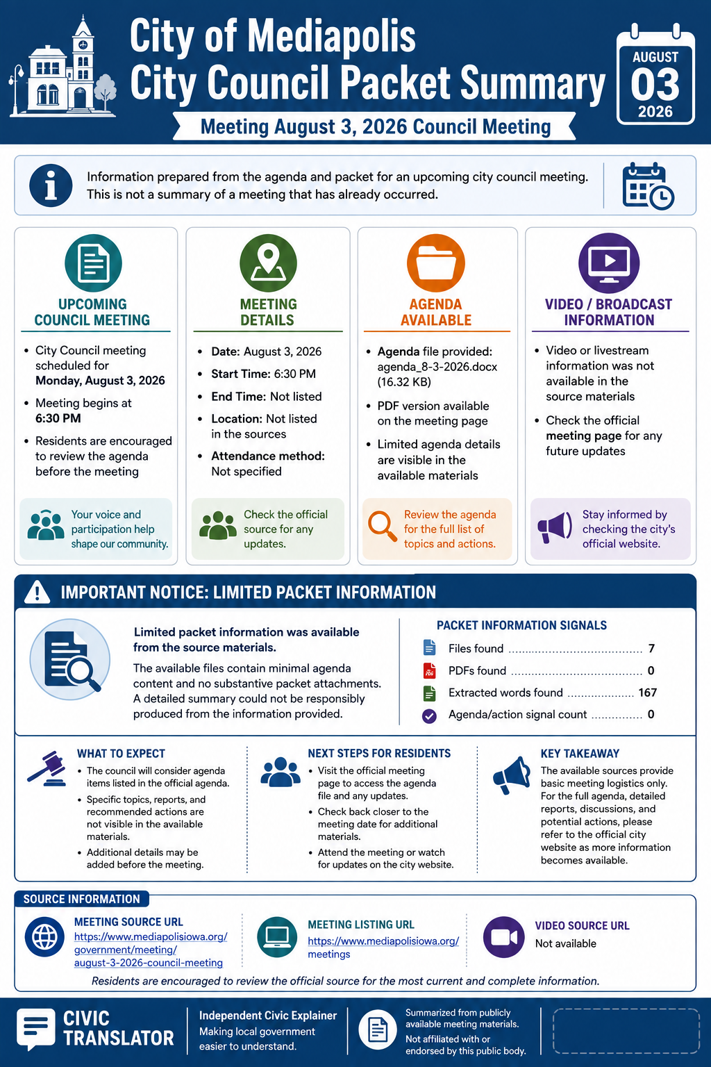 City of Mediapolis — City Council Meeting Packet Summary — August 3, 2026 infographic