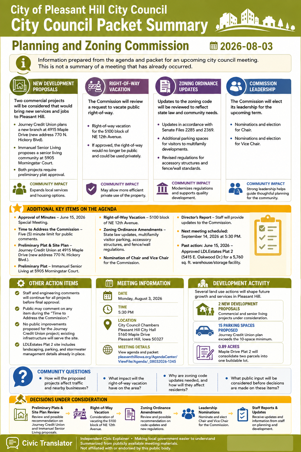 City of Pleasant Hill City Council — City Council Meeting Packet Summary — August 3, 2026 infographic
