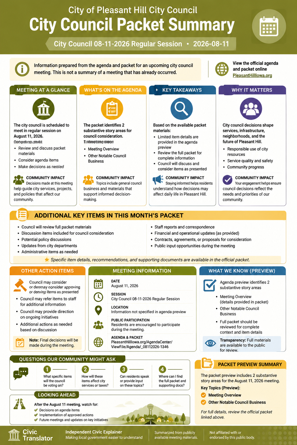 City of Pleasant Hill City Council — City Council Meeting — Packet Summary — August 11, 2026 infographic
