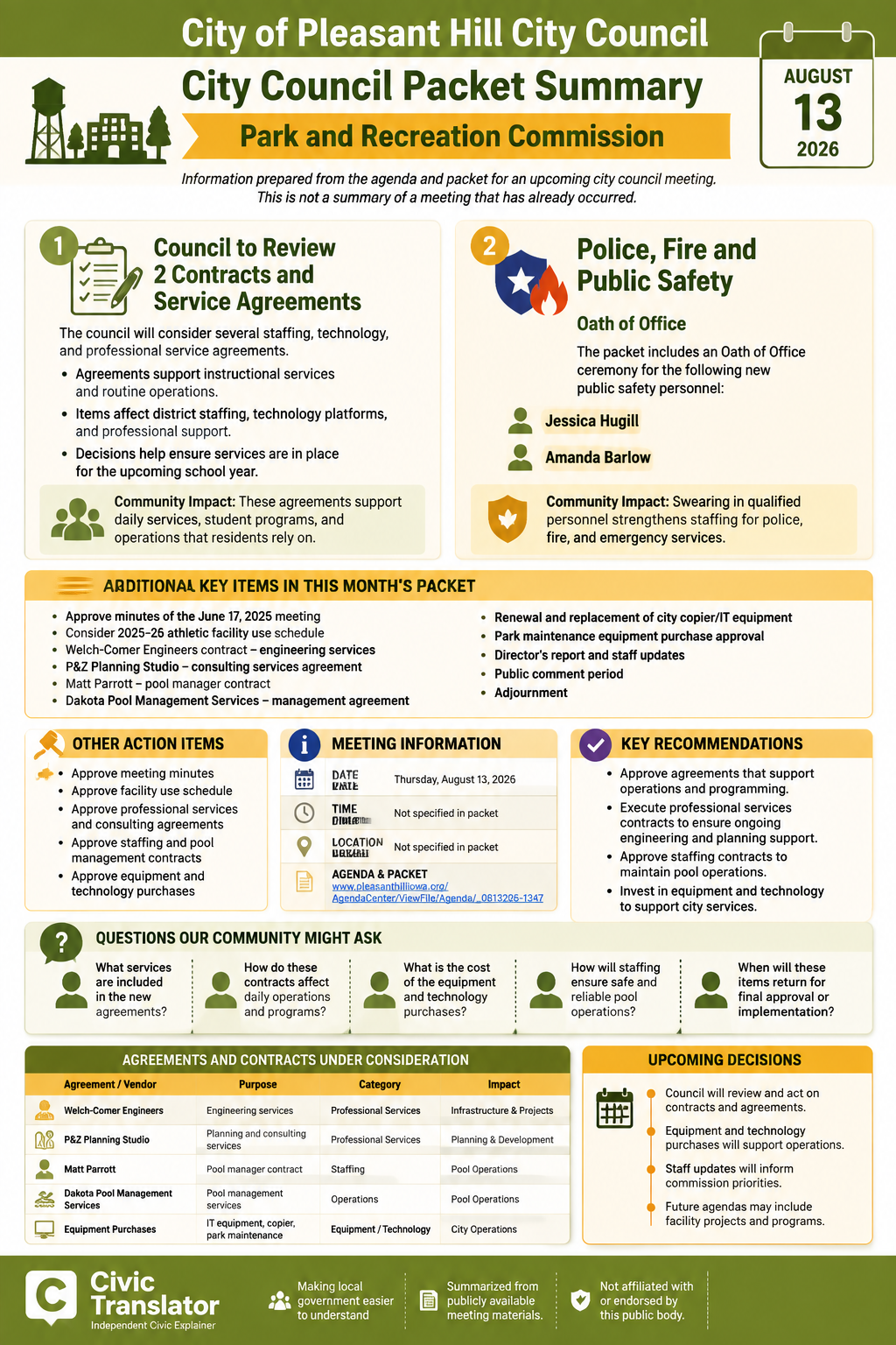 City of Pleasant Hill City Council — City Council Meeting — Packet Summary — August 13, 2026 infographic