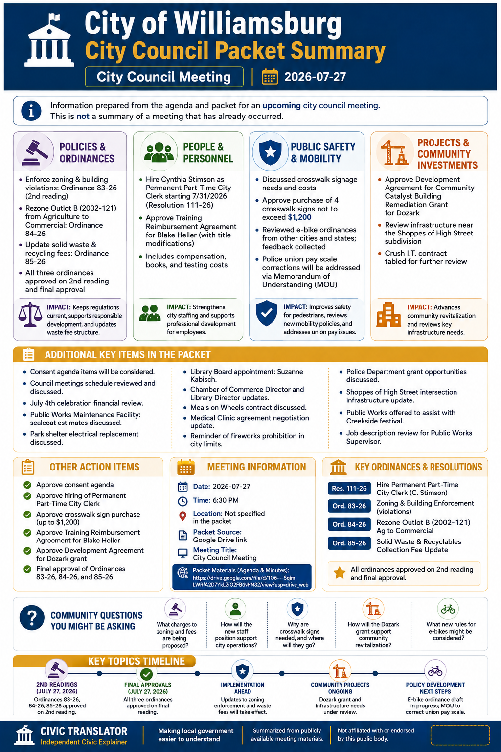 City of Williamsburg — City Council Meeting Packet Summary — July 27, 2026 infographic