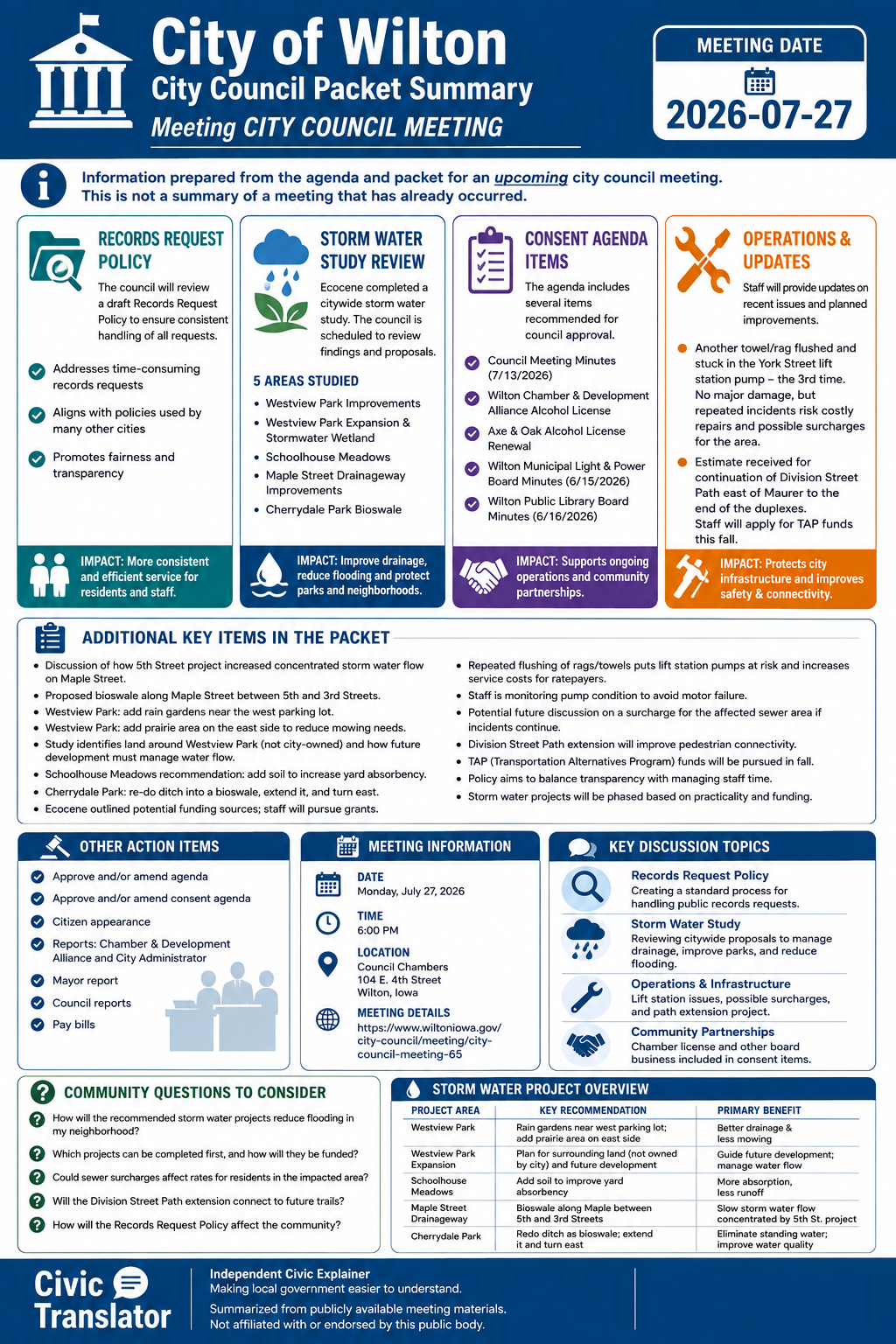 City of Wilton — City Council Meeting Packet Summary — July 27, 2026 infographic