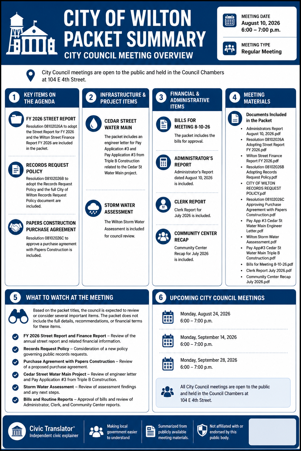 Civic Translator agenda summary infographic for City of Wilton on August 10, 2026