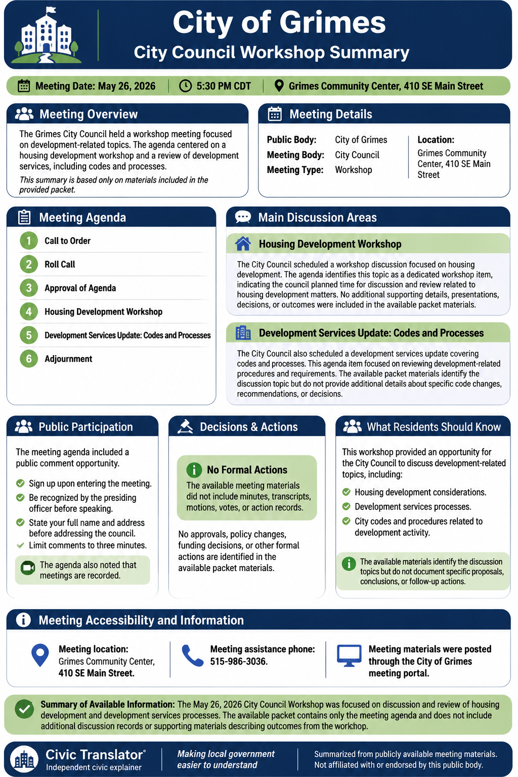 City of Grimes — City Council Meeting — Packet Summary — May 26, 2026 infographic