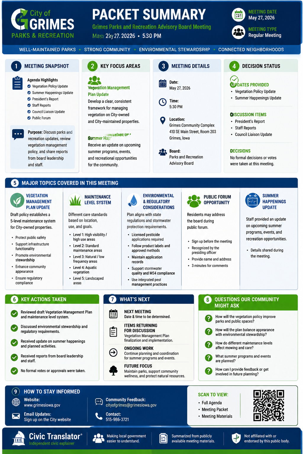 City of Grimes — City Council Meeting — Packet Summary — May 27, 2026 infographic