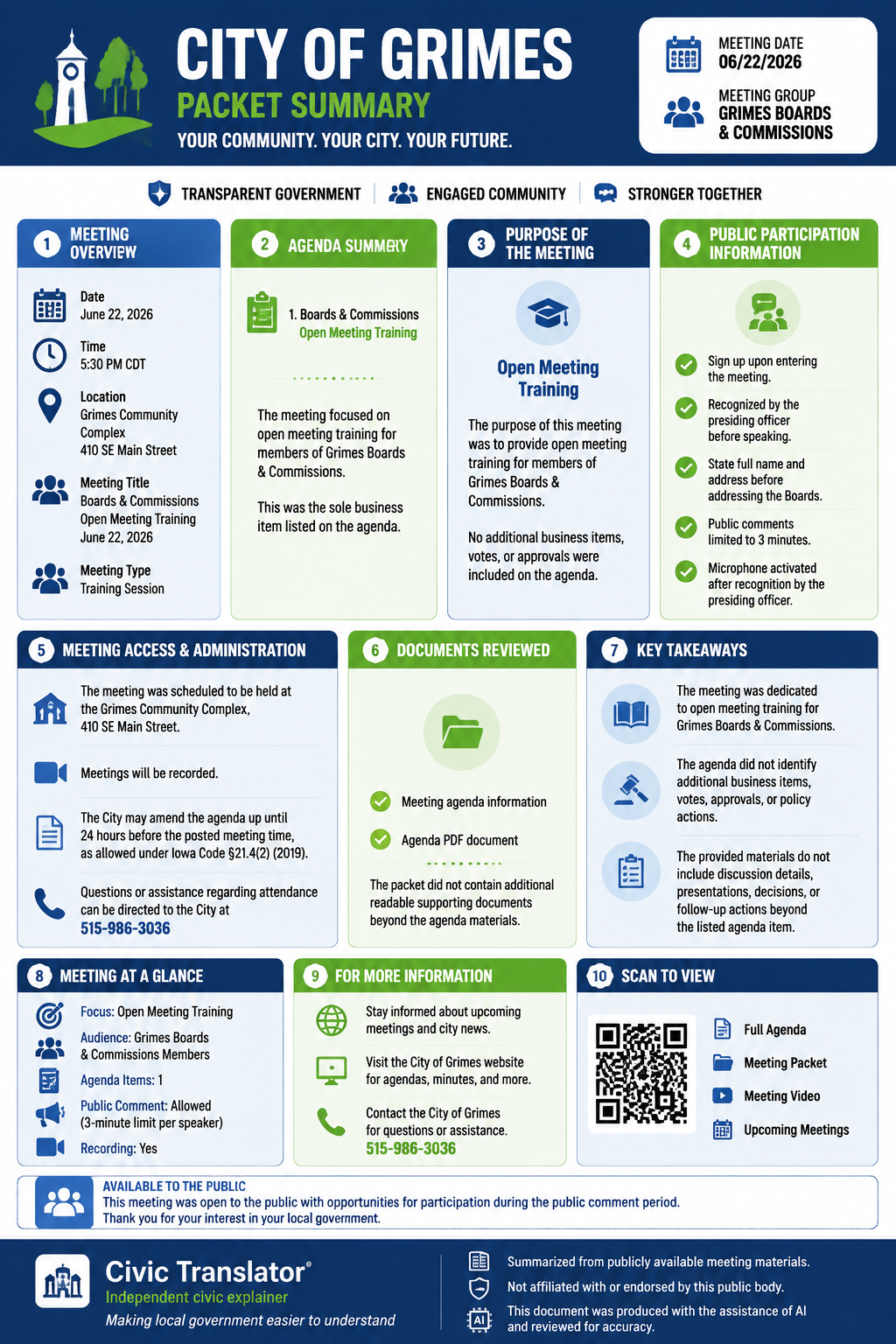 City of Grimes — City Council Meeting — Packet Summary — June 22, 2026 infographic