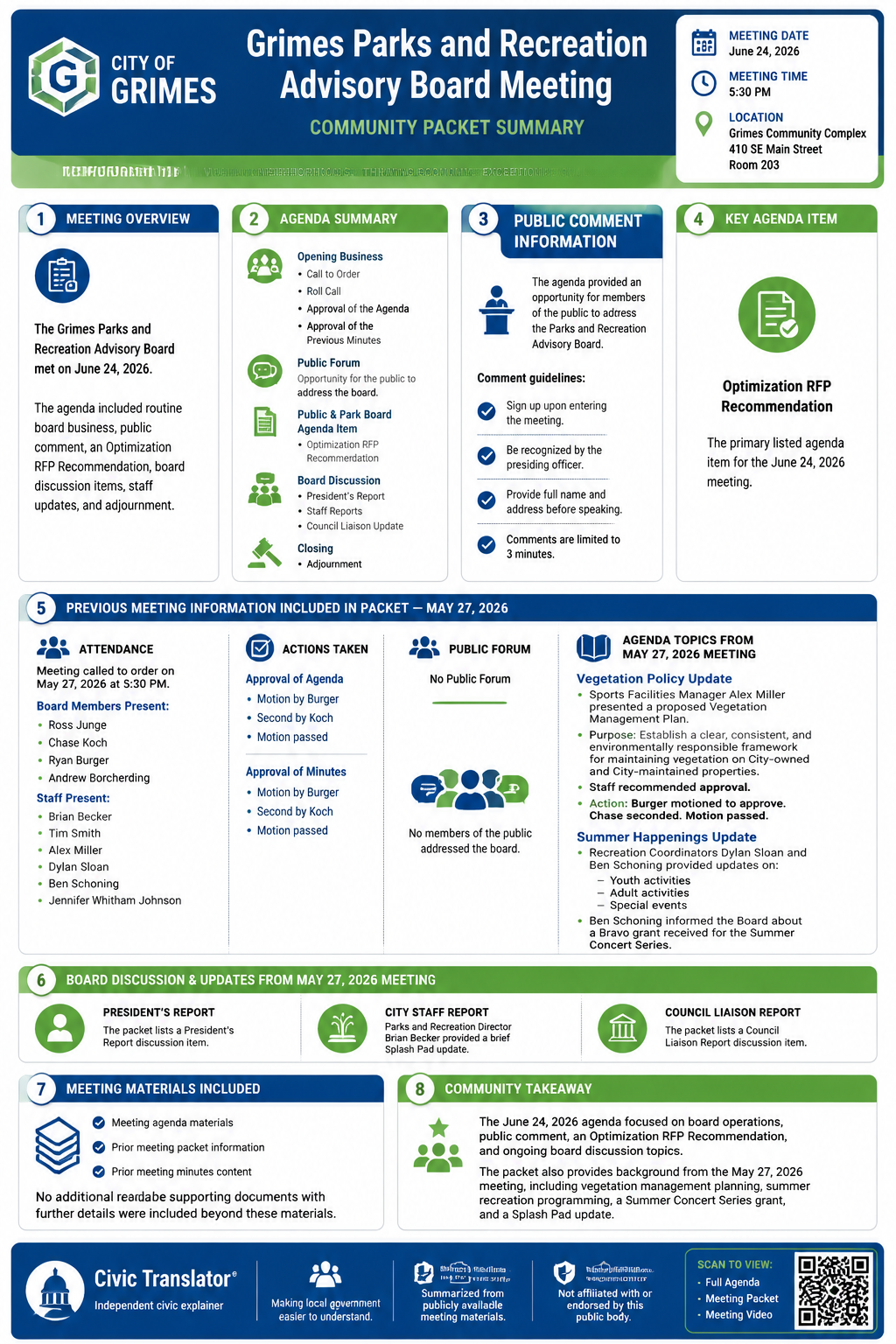City of Grimes — City Council Meeting — Packet Summary — June 24, 2026 infographic