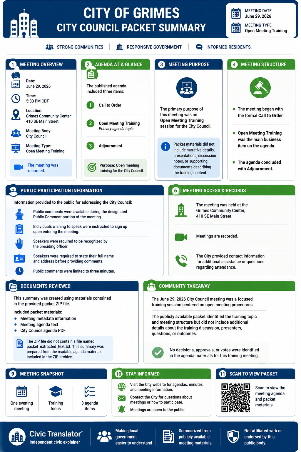 City of Grimes — City Council Meeting — Packet Summary — June 29, 2026 infographic