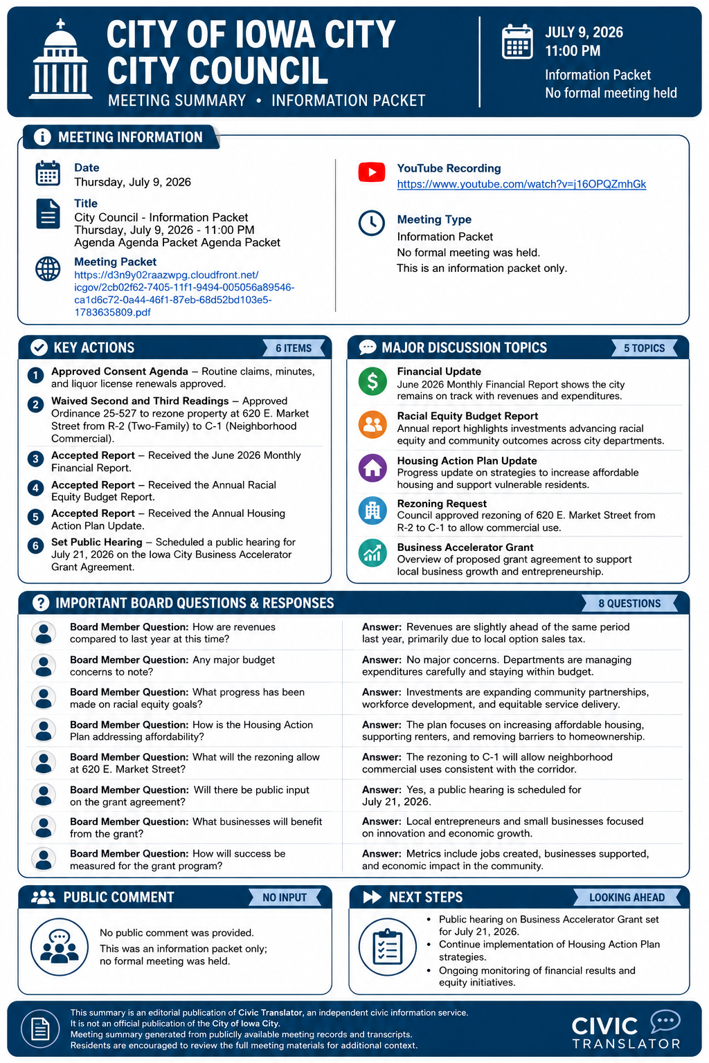 City of Iowa City — City Council Meeting — Meeting Summary — July 9, 2026 infographic