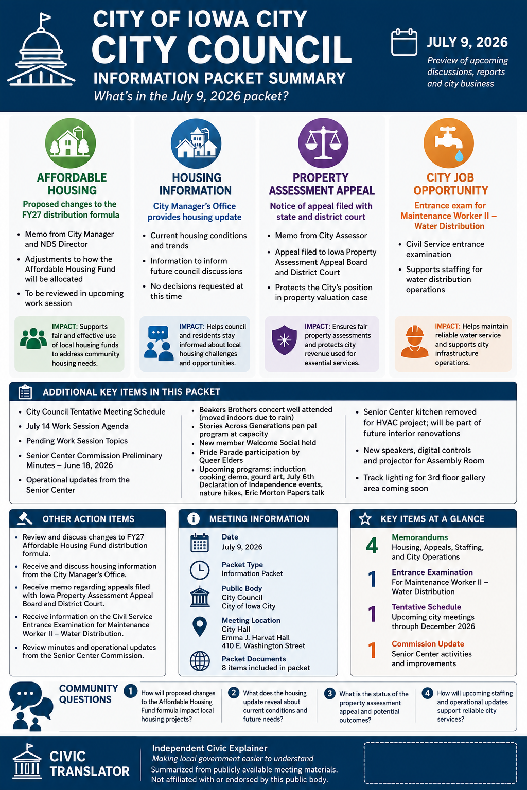 City of Iowa City — City Council Meeting Packet Summary — July 9, 2026 infographic