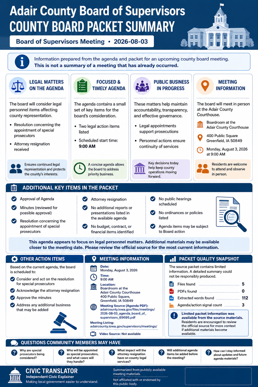 Adair County Board of Supervisors — Board of Supervisors Meeting Packet Summary — August 3, 2026 infographic