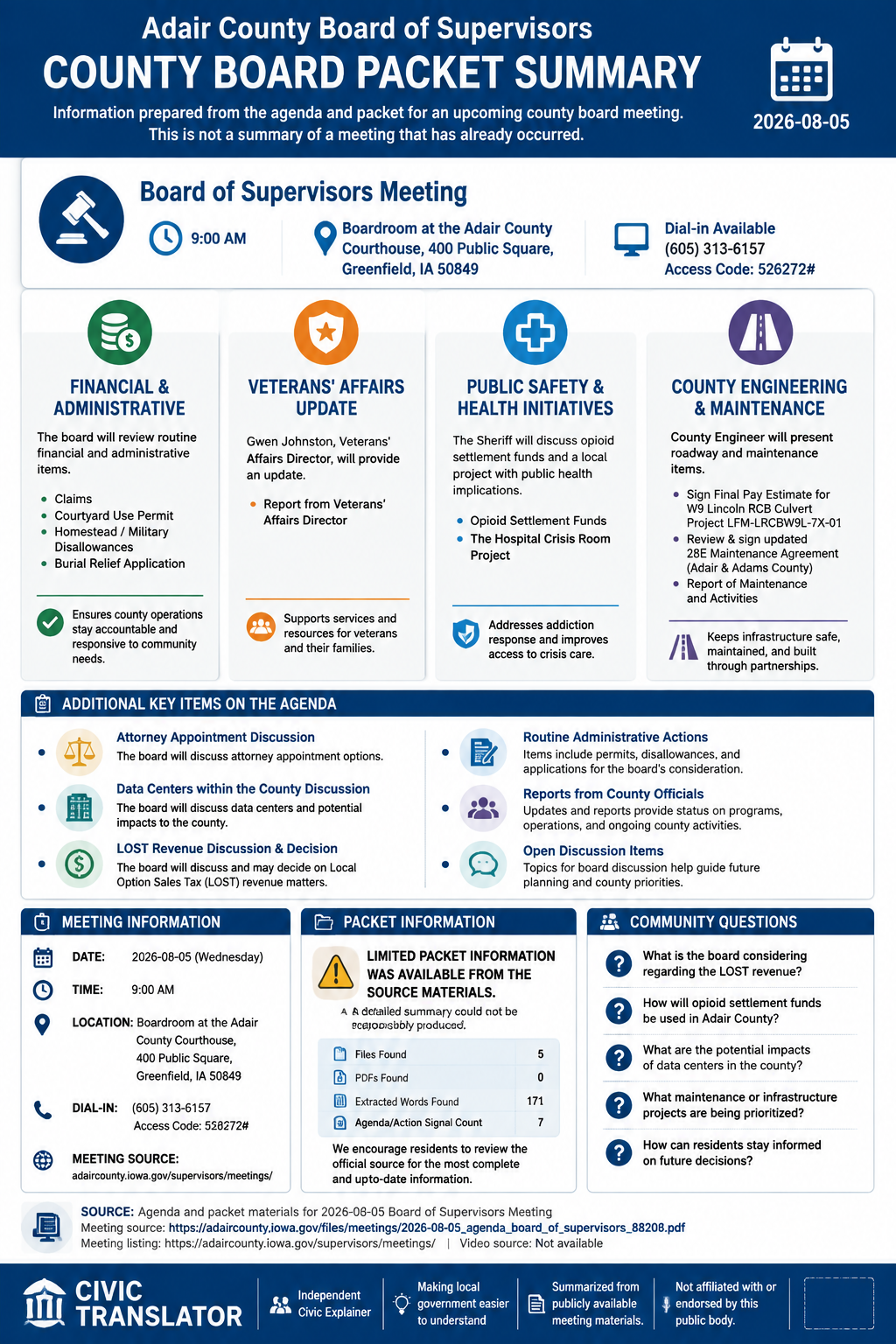 Adair County Board of Supervisors — Board of Supervisors Meeting Packet Summary — August 5, 2026 infographic