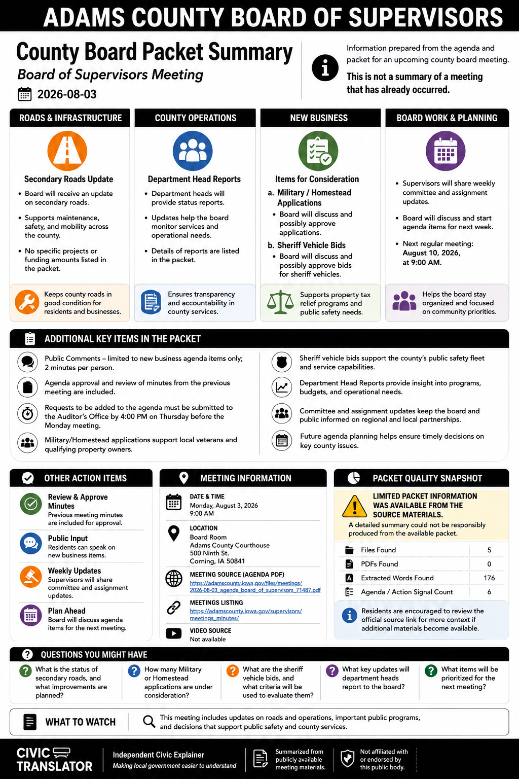 Adams County Board of Supervisors — Board of Supervisors Meeting Packet Summary — August 3, 2026 infographic